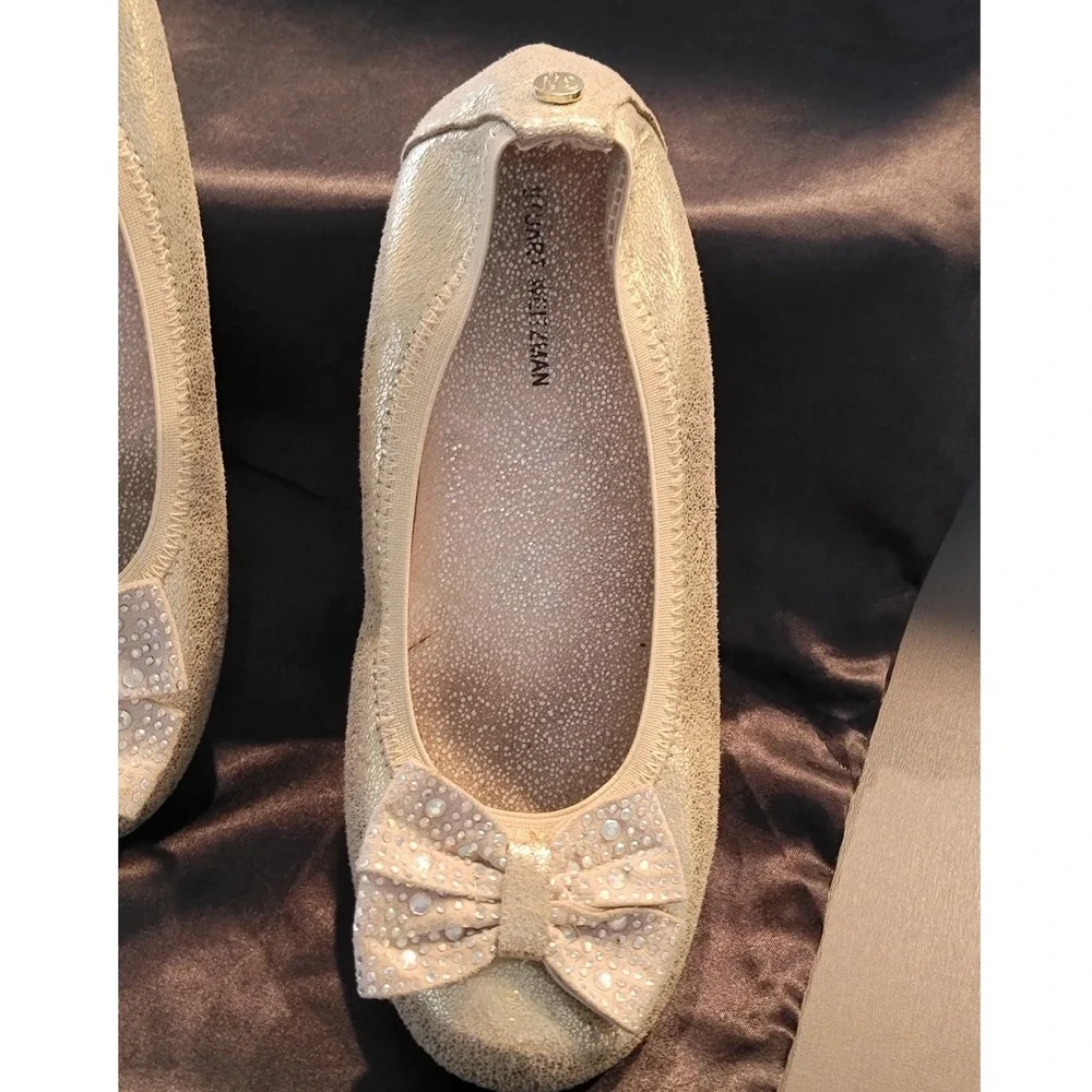 Stuart Weitzman Girls Gold Metallic Rhinestone Bow Ballet Flats Fanre Jewel 3
